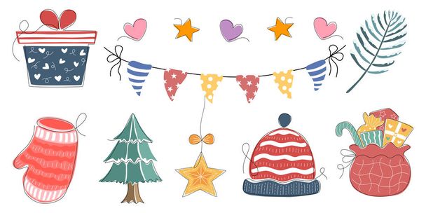 Elementos navideños diseñados en estilo doodle para decoraciones temáticas navideñas, tarjetas, álbumes de recortes, impresiones digitales, diseños de bolsos, patrones de tela y más.  - Vector, Imagen