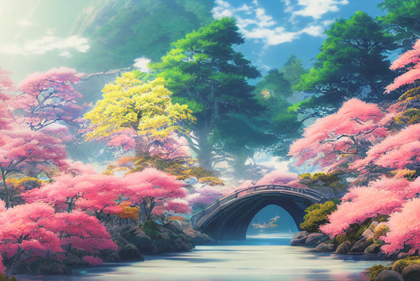 Giappone anime sfondi scenario con bellissimi ciliegi rosa e Monte Fuji sullo sfondo. Pittura grafica digitale di rendering 3D - Foto, immagini