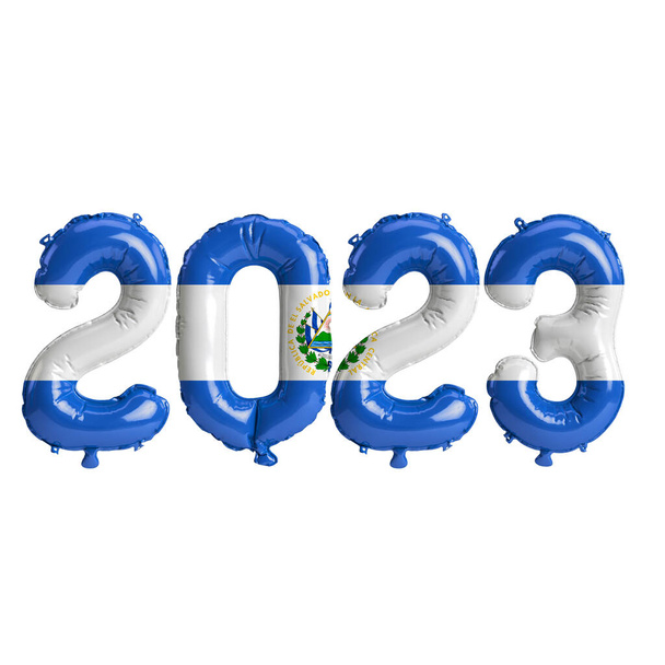 3d kuva 2023 vuoden ilmapalloja El Salvador lippu eristetty valkoisella pohjalla - Valokuva, kuva