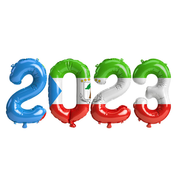 Illustrazione 3d di palloncini 2023 anni con bandiera della Guinea Equatoriale isolata su sfondo bianco - Foto, immagini