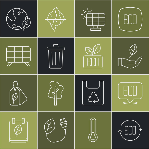 Set line Leaf Eco symbol in hand Solar energy panel Trash can Earth globe leaf and icon. Vector. - Vector, Image