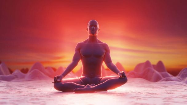 Gün batımında insan silueti lotus pozisyonunda meditasyon yapıyor. Parlayan kayalıklarda. Renkli çakralar. Yoga, zen, Budizm, iyileşme, din, sağlık ve refah kavramı - Fotoğraf, Görsel