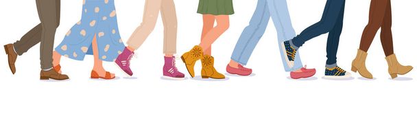 Cartoon legs in trendy shoes, boots, sneakers and sandals. Cartoon casual male and female footwear vector concept illustration. People walk in modern footwear - Vector, Image