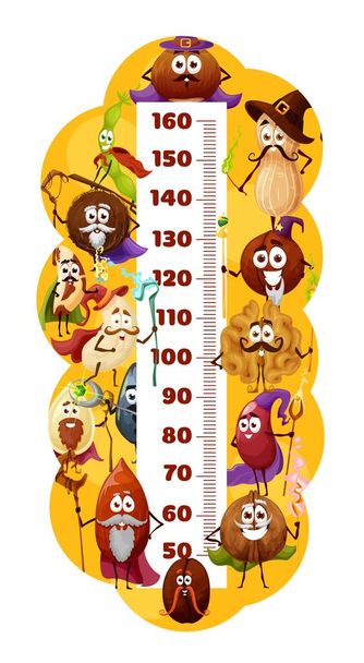 Cartoon nuts and beans warlock or wizard characters. Kids height chart ruler, vector meter. Magician and sorcerer personages coconut, walnut and cashew, macadamia, brazil, peanut, almond and beans - Vector, Image