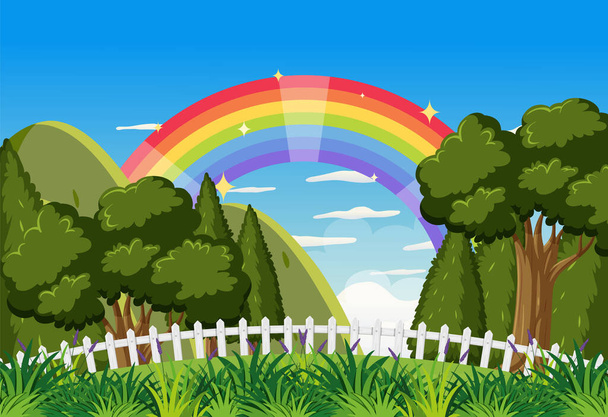 Sfondo natura con arcobaleno nel cielo illustrazione - Vettoriali, immagini