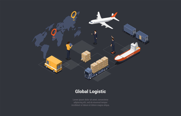 Global Logistics Business (englanniksi) Air, Cargo Trucking Rail, Kuljetus Merenkulku ja rahti kuriiri toimitus. World Global Business, Varasto, Konttialus. Isometrinen 3d vektorin kuva. - Vektori, kuva