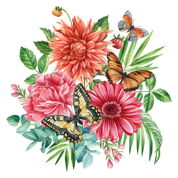 Bouquet de fleurs et de papillons, illustration florale dans un style aquarelle vintage. Conception florale. Illustration de haute qualité - Photo, image