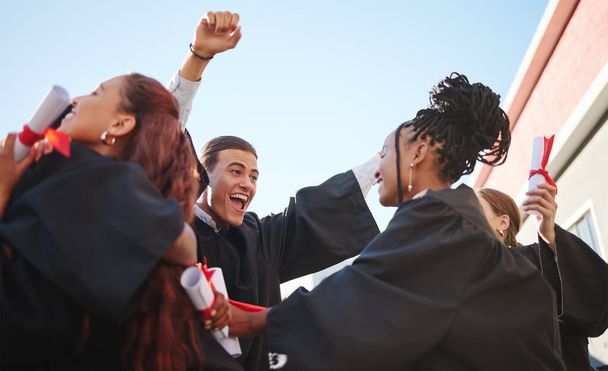 Celebration, happy and student graduation at a certificate, diploma and education success event. Students, friends and university students with happiness of a graduate, class and college achievement. - Photo, Image
