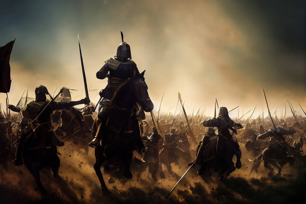 Эпическая средневековая сцена битвы, рыцари верхом на лошадях, атакующие врага в кинематографической цифровой иллюстрации поля боя. Исторические армии сражаются в битве с крестоносцами верхом на лошадях - Фото, изображение
