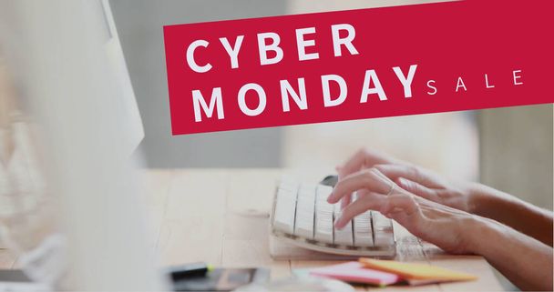 Composition of cyber monday sale text over woman typing on computer keyboard. Cyber monday, sales and online shopping concept digitally generated image. - Foto, afbeelding