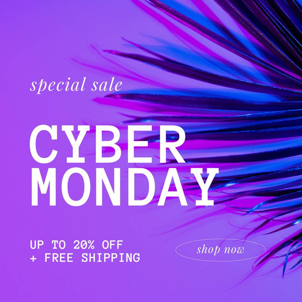 Composition of cyber monday text over leaves on purple background. Cyber monday, shopping and sale concept digitally generated image. - 写真・画像