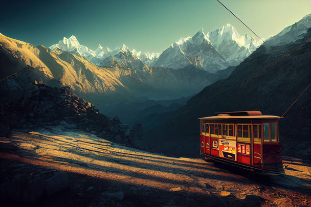 Fantasia arte digital com um carro de carrinho retro na estrada de ferro, ao lado de uma montanha no Himalaia, ao entardecer, natureza com árvores e montanhas. Um vagão de trem vintage nas montanhas. - Foto, Imagem
