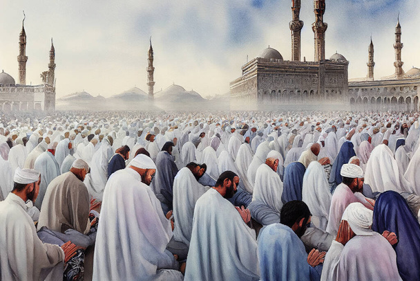 Arte conceitual digital de multidões califadas de pessoas orando em Ramadhan. Pessoas vestidas de branco em uma obra de arte de papel de parede muçulmano com orações no local sagrado da Meca. Árabe Islã orações. - Foto, Imagem