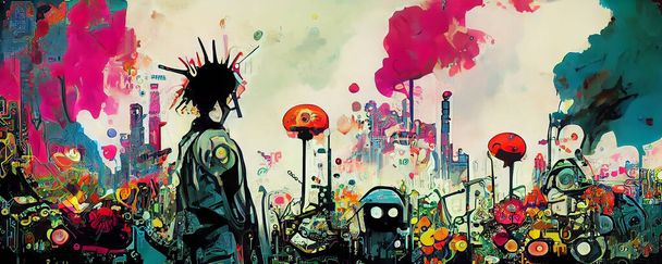 Psychedelic Punk Rock Digital Art, Android, Technologie versus Nature Ink Illustration, Platinen Graffiti mit Elementen des Cyberpunk. Drähte, Blumen in einer bunten Zeichnung der Pop-Surrealisten. - Foto, Bild