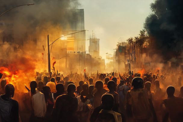 Bir Afrika şehrinde isyan sanatı. Sokaklar yanıyor, kızgın insanların siluetleri devrimi protesto ediyor. Duvar kâğıdı arka planı bu dijital sanat eserinde toplu şiddet ve yıkımı gösteriyor.. - Fotoğraf, Görsel