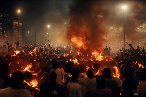 Εννοιολογική τέχνη με ταραχές στην Αφρική με διαδηλωτές να καίνε και να καταστρέφουν τους δρόμους. Μαφία βία με σιλουέτες, αναρχία και καταστροφή σε μια αστική αναταραχή ταπετσαρία φόντο. - Φωτογραφία, εικόνα