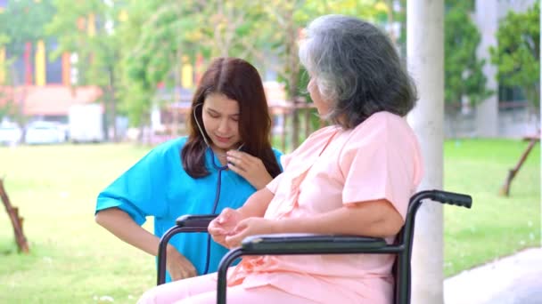 Aasialainen huoltaja tai vanhustenhoitaja Aasialainen potilas pyörätuolissa. Käsitys onnellisesta eläkkeelle jäämisestä huolella hoitajalta ja säästöistä ja vanhasta sairausvakuutuksesta. vanhusten hoito - Materiaali, video