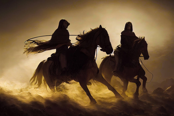 Zwei Silhouettenreiter auf Pferden, die dem Sonnenuntergang in einer epischen Tapetenillustration über Wellen davonreiten. Digitale Filmkunst mit zwei Soldatenpaladinen auf dunklen Pferden im Meer. - Foto, Bild