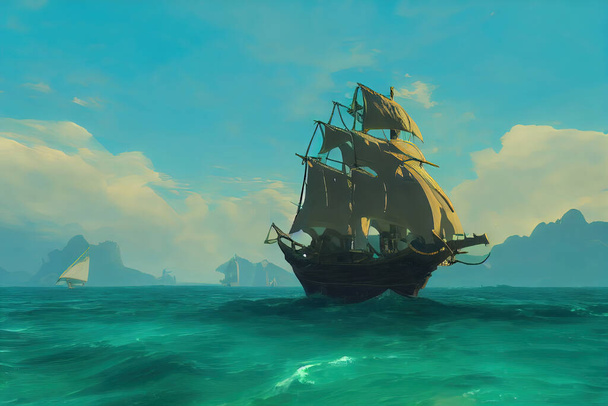 Piratenschiff, das in der Nähe lokaler Inseln segelt, helle digitale Kunstillustration. Abenteuer Segelboot Tapete Kunst in einem ruhigen Ozean an der Küste. Karibisches Meer, schöne Konzeptkunst. - Foto, Bild