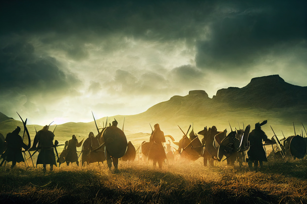 Eine Armee von Wikinger-Barbaren in der Schlacht auf einem Schlachtfeld. Digitale Illustration aus dem Mittelalter, die Wikinger zeigt, die auf einem großen Feld in einem historischen mittelalterlichen Kunstwerk überfallen und kämpfen. Silhouetten im Norden - Foto, Bild