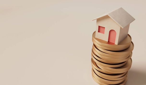 Home finance and property investment concept. Small house with a stack of coins. 3D Rendering. - Фото, изображение