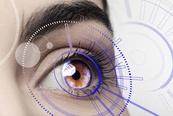 Closeup view of woman in process of scanning, focus on eye - Foto, immagini
