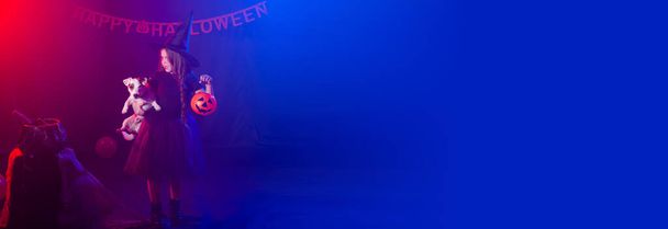 Забавная девочка в костюме ведьмы на Хэллоуин с тыквенным Джеком и собакой - Фото, изображение