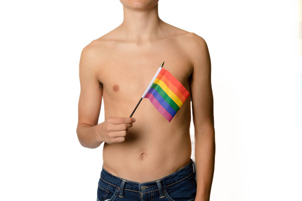 A Shirtless 19 Year Old Teenage Boy with Pride Flags - Zdjęcie, obraz