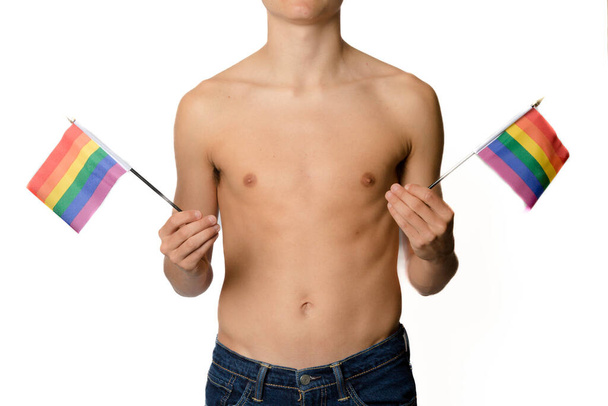 A Shirtless 19 Year Old Teenage Boy with Pride Flags - Photo, Image