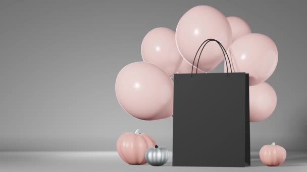 Halloween prodej promo banner. Dýně Černá nákupní taška značkování mockup růžové balónky 3D animace. Díkůvzdání podzim dovolená nakupující template.Shop sleva nabídka design Dárkový nákup balíček - Záběry, video