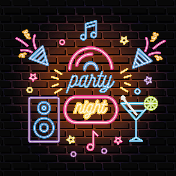 festa noite neon lettering com coquetel - Vetor, Imagem