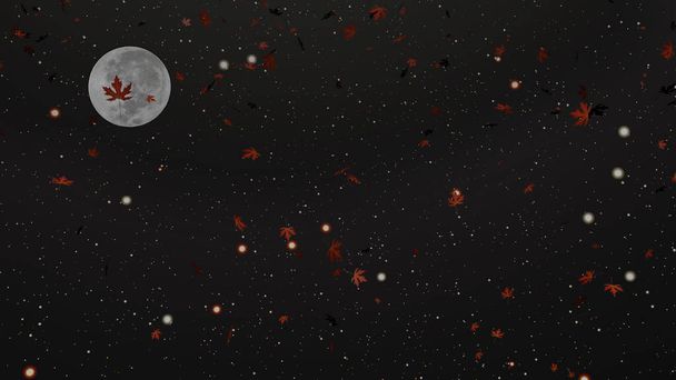Červené javorové listy padají s rozmazaným úplňkem a hvězdnatou oblohou v pozadí (3D vykreslování) - Fotografie, Obrázek
