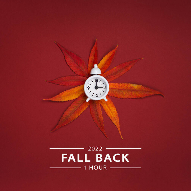 赤い背景に白い目覚まし時計とオレンジの秋の葉。秋の時間、秋の時間変化、昼間の時間の節約終了、冬の時間に時計の時間を変更し、後退の概念. - 写真・画像
