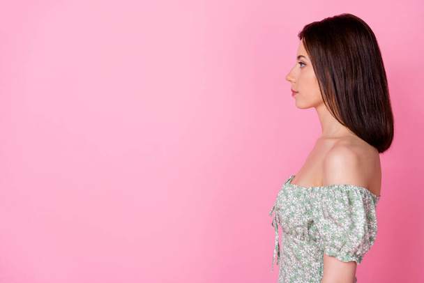 Profile photo of beauty millennial brunette lady look promo wear light overall isolated on pink color background. - 写真・画像