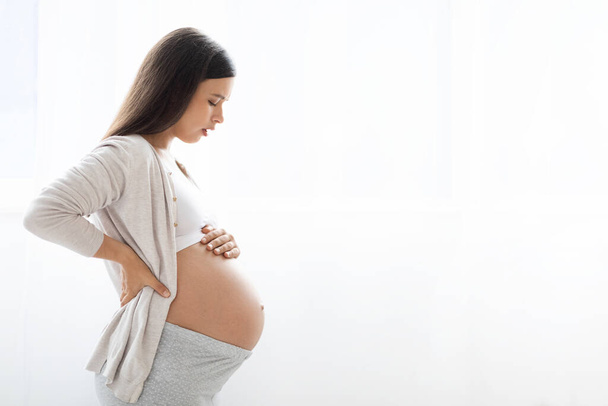 Zwangerschap, ouderschap concept. Zijaanzicht van aantrekkelijke jonge verwacht dame in huiskleding poseren op witte achtergrond, zwangere vrouw aanraken van haar grote buik, panorama met kopieerruimte - Foto, afbeelding