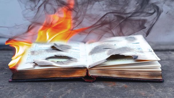 Сжигают книги. Открытая книга в пламени и дыме - Фото, изображение