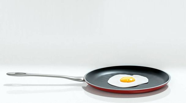 3D иллюстрация одного жареного яйца в кастрюле, изолированные на белом фоне, копировальное пространство, вид сбоку - Фото, изображение