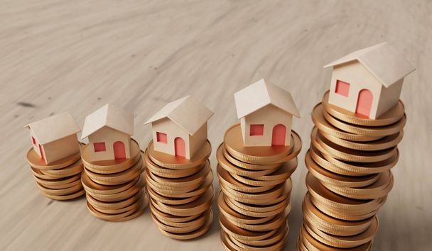 Home finance and property investment concept. Small house with a rising stack of coins. 3D Rendering. - Photo, Image