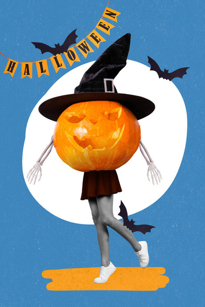 Vertical collage illustration of halloween pumpkin head carved smile face wear witch hat woman legs skeleton hands flying bats party disco. - Photo, Image