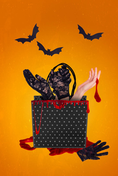 Creative abstract collage of chopped women hands package blood gloves flying bats halloween party disco decoration painting backgrounds. - Photo, image