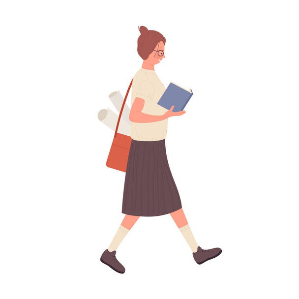 Walking nerd girl holding book. Geek female student reading and learning vector illustration - Vector, Image