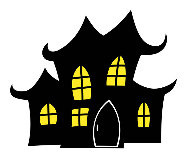 Векторні ілюстрації гліфів будинку з привидами. Чорний громіздкий будинок на Хелловін з жовтим світлом у вікнах
. - Вектор, зображення
