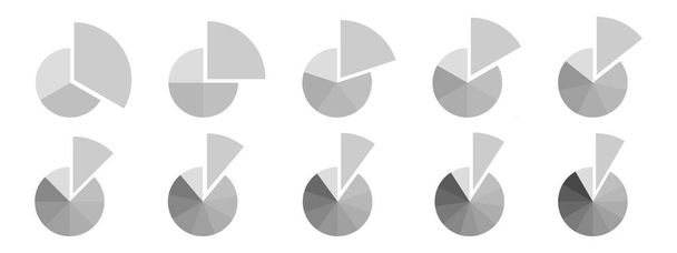 Koła podzielone na jednobarwne szare segmenty od 3 do 12 z jednym wydzielonym fragmentem. Wykresy ciasta lub pączka. Przykłady infografiki statystycznej. Okrągłe kształty pokrojone w równe plastry. Wektor płaska ilustracja - Wektor, obraz