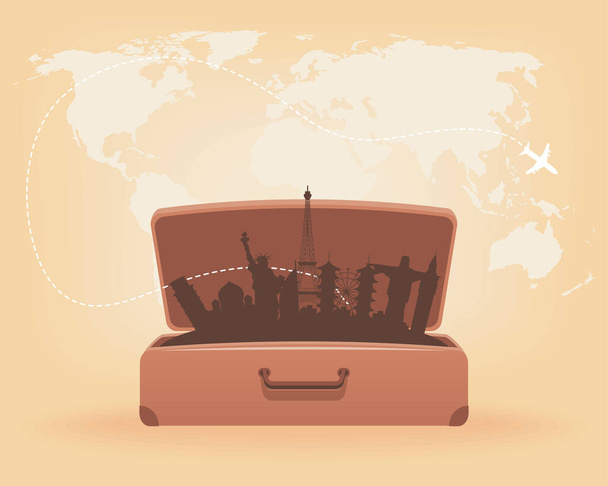 suitcase with world landmarks poster - Vector, Image