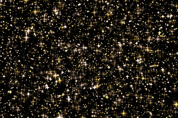 Brillo de vacaciones de oro y superposición brillante, estrellas y textura de brillo mágico sobre fondo negro, partículas de polvo de estrellas de oro para diseños de lujo y glamour - Foto, imagen