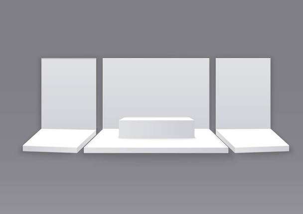 Kiállítótér. Fehér üres hirdetőpult íróasztallal. Vektor fehér üres geometriai négyzet. Bemutatótermi bemutató. Fehér kreatív kiállítás stand design. Állj sablont. Vállalati identitás. - Vektor, kép