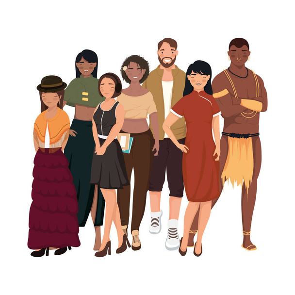 sevent ethnics comunidades grupos de personajes - Vector, Imagen