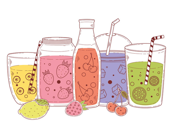 bebidas detos e ícones de frutas - Vetor, Imagem