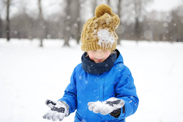 Little boy having fun playing with fresh snow during snowfall. Baby catching snowflakes on gloves. Kid dressed in warm clothes, hat, hand gloves and scarf. Active winter outdoors leisure for children - Foto, imagen