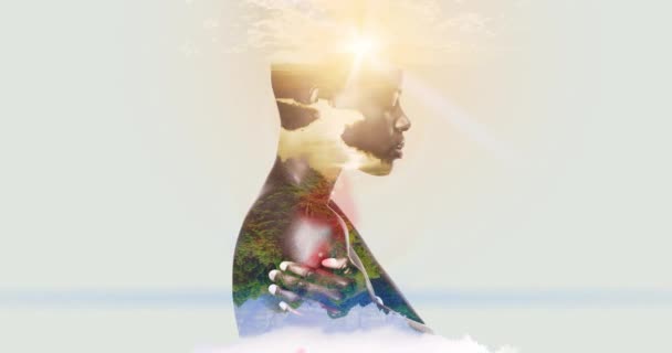 Nature, double exposure and forest meditation with black woman for earth sustainability mockup. Thinking, peace and environment girl silhouette profile for amazon jungle trees conservation - Footage, Video